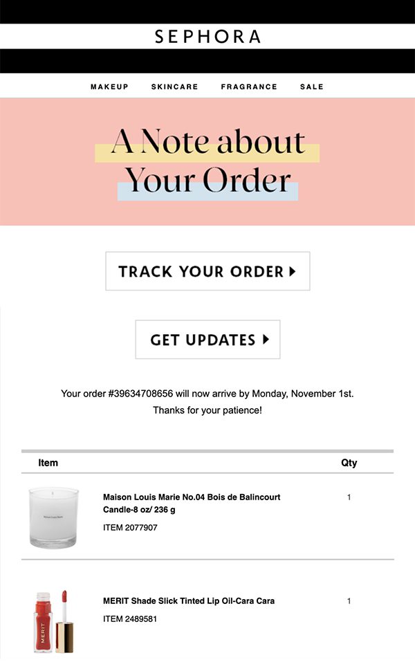 Sephora Order Update Sample